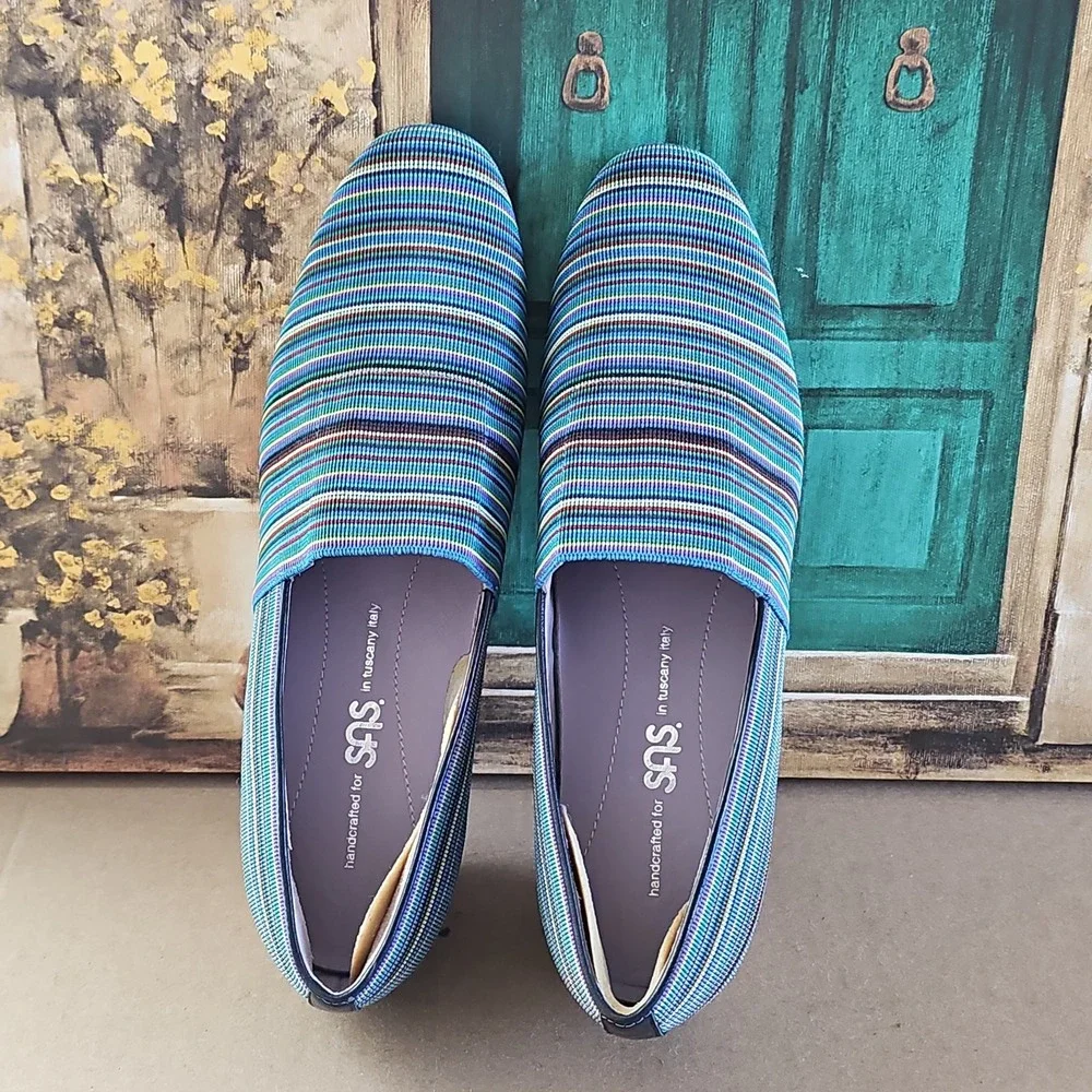 NEW SAS Women's Becky Bright Blue Stripe Wedge Shoes Size 8.5 N